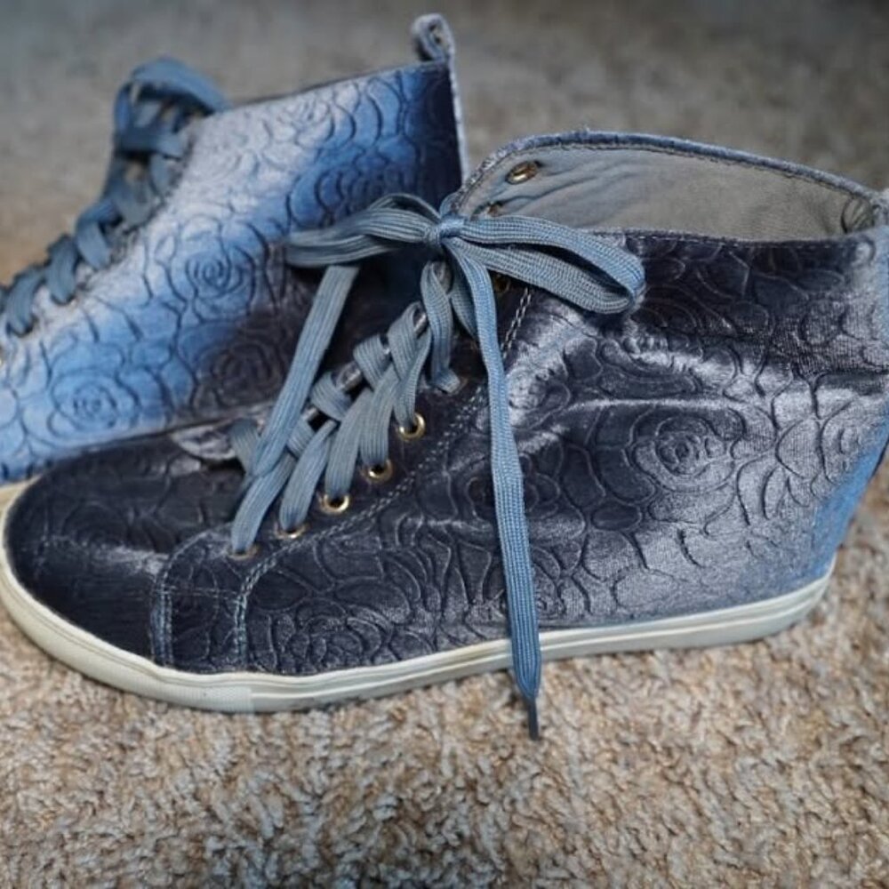 Dusty Blue Rose Embossed Velvet Booties/Sneakers Size 8/9